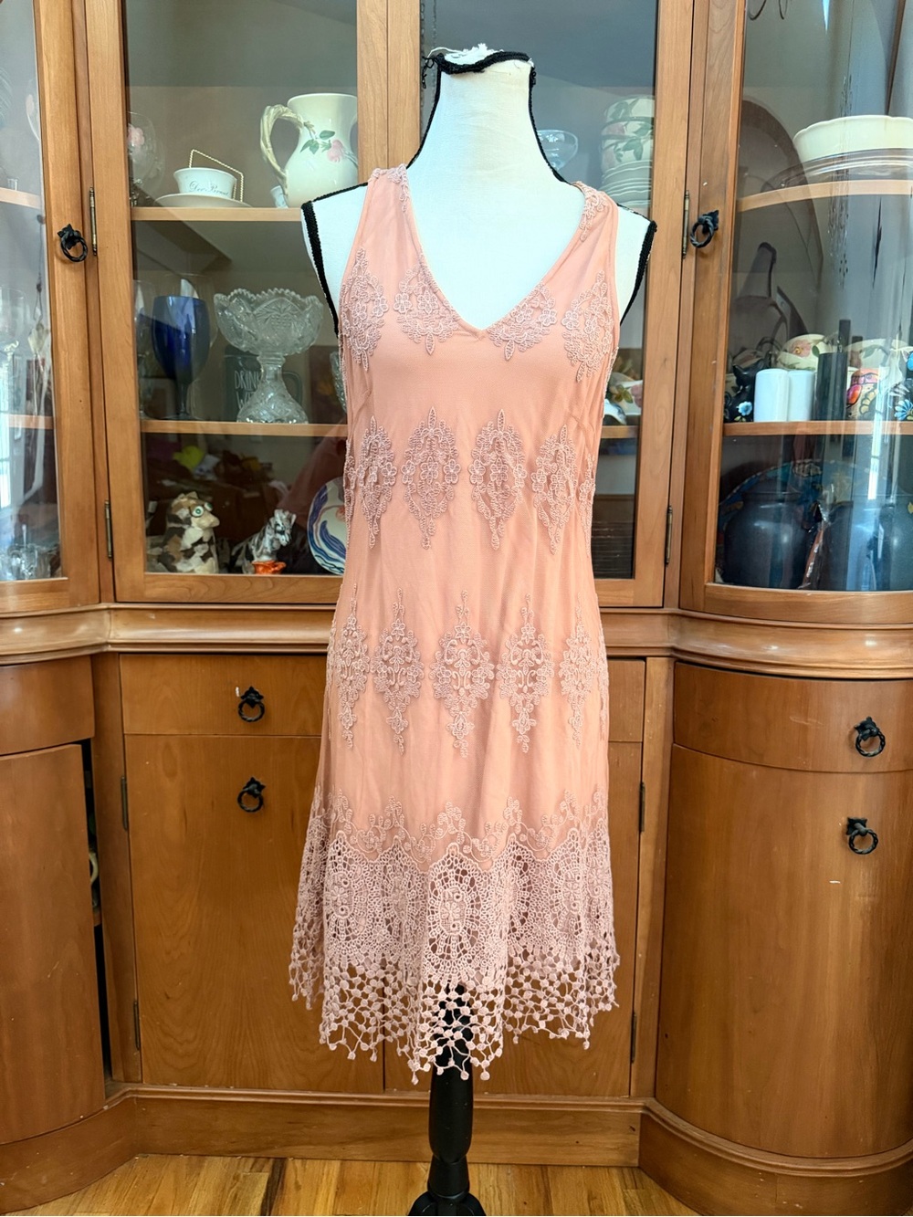 Brontë peach sleeveless lace shift boho dress